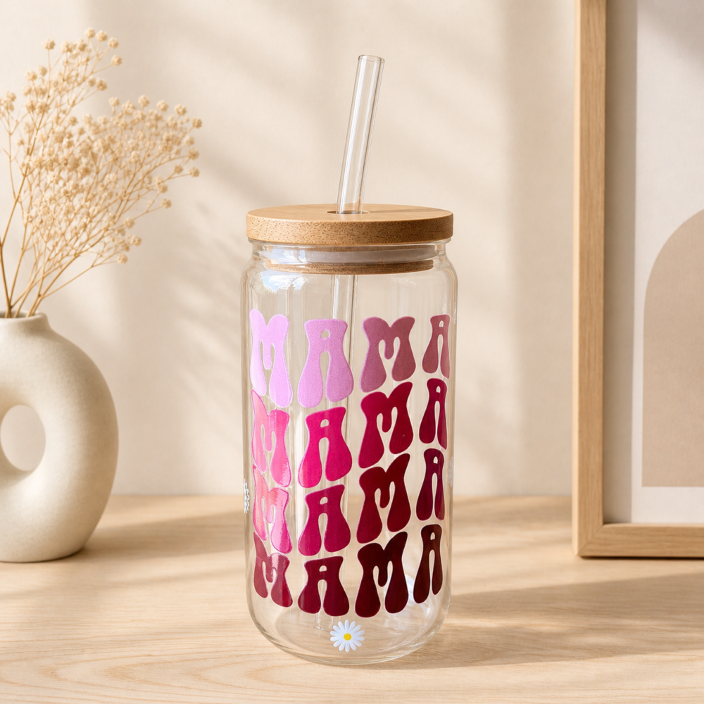 Mamá - vaso de vidrio con sorbito y tapa de bambú