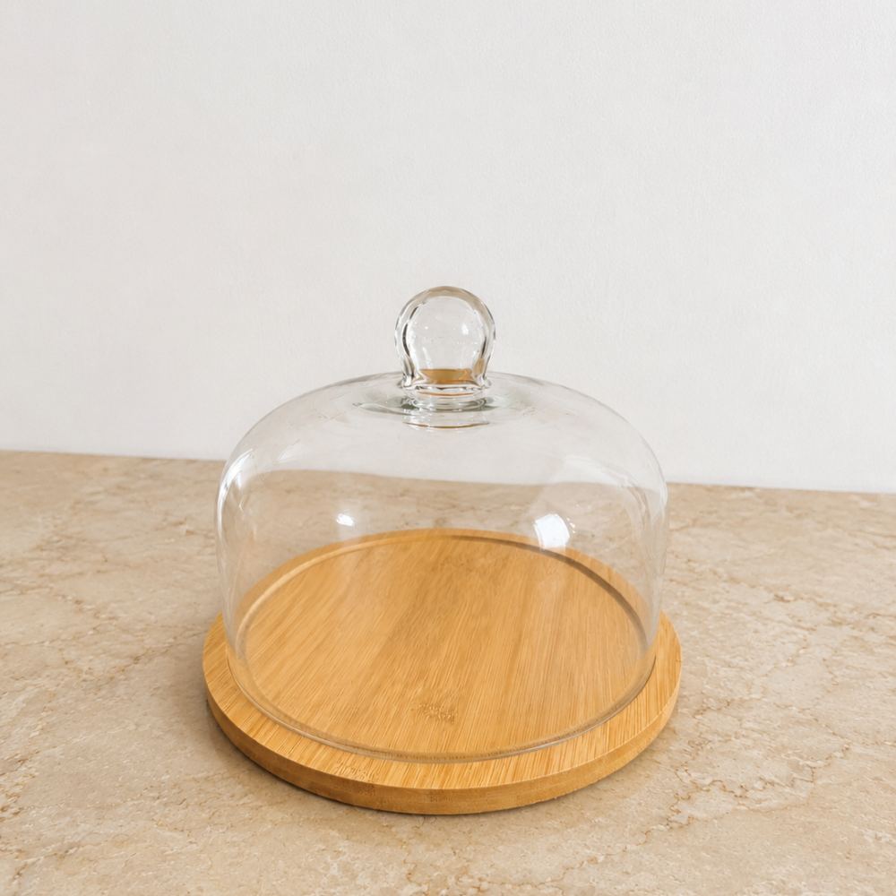 Campana para torta en vidrio y bambú