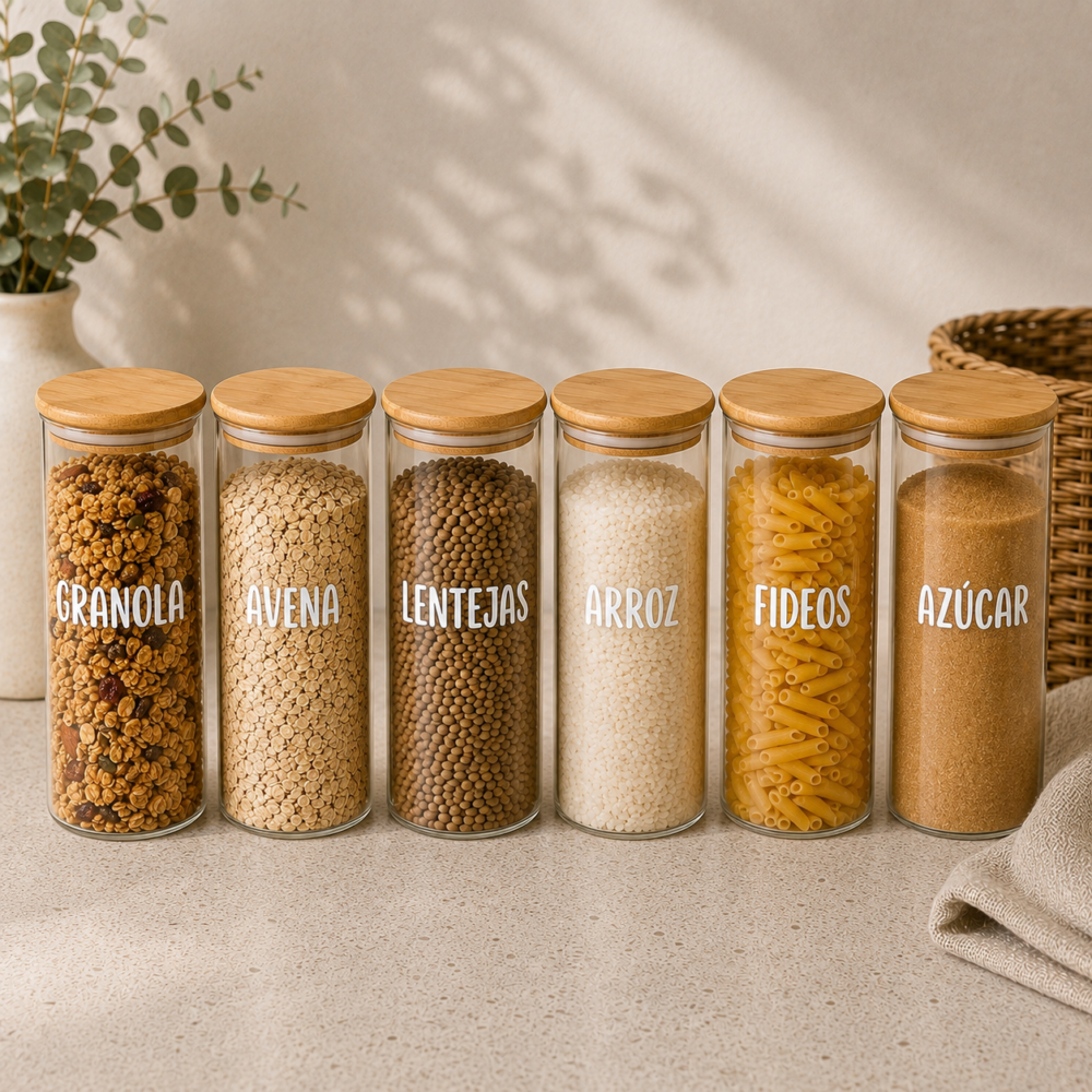 Frasco Redondo x6 tapa bambú 1300ml / 10 x 20cm