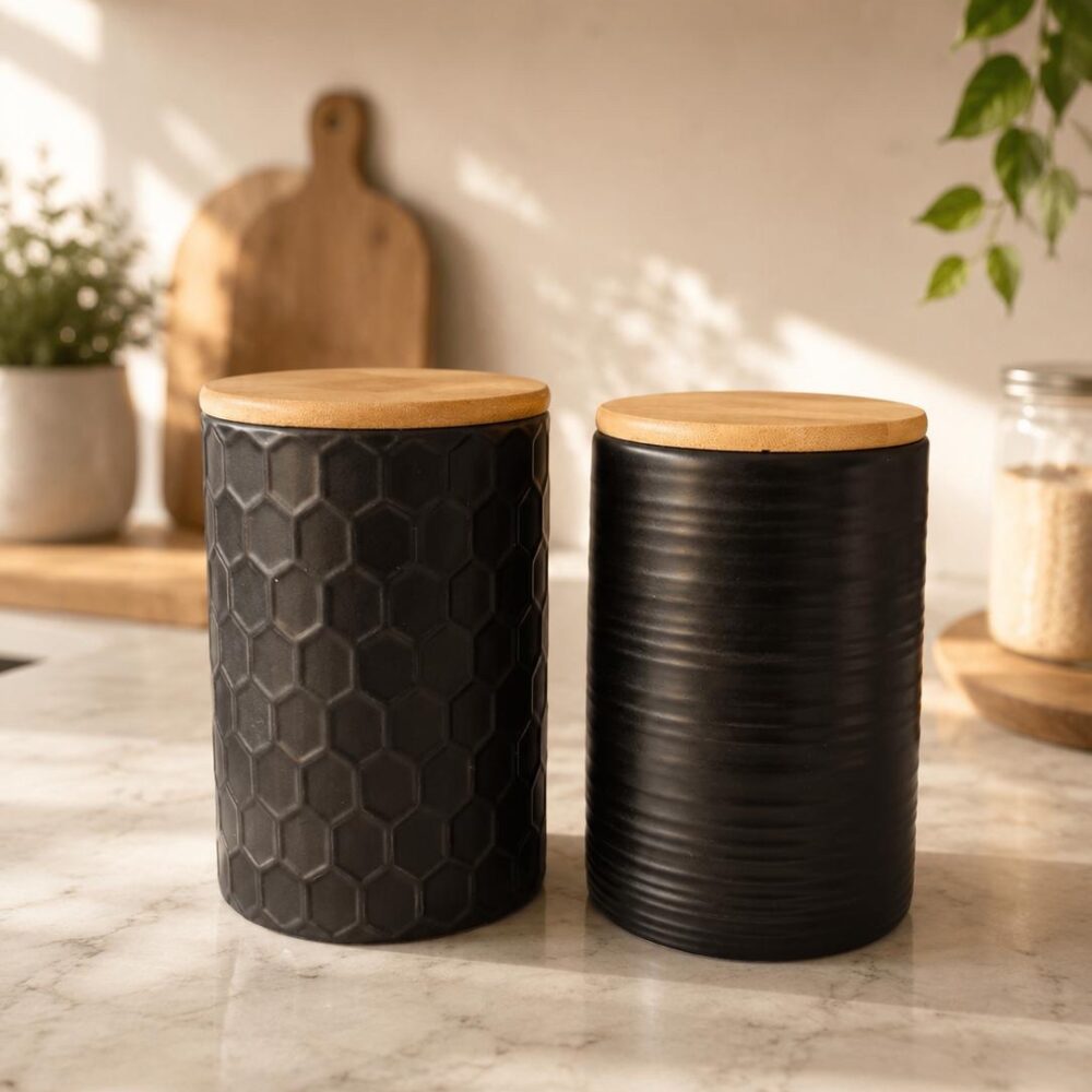 Frasco de cerámica negro con tapa de bambú