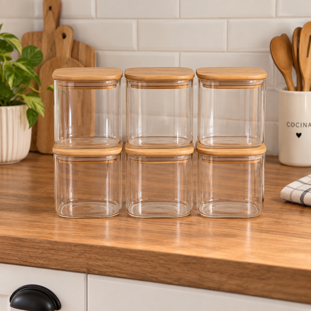 Frasco cuadrado x6 tapa de bambú 600ml - 10x10cm