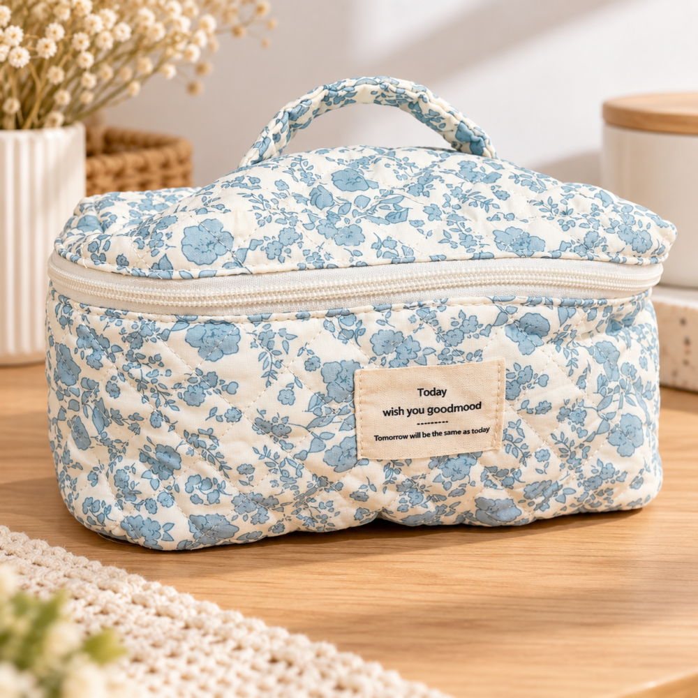 Necessaire diseño flores celeste con asa